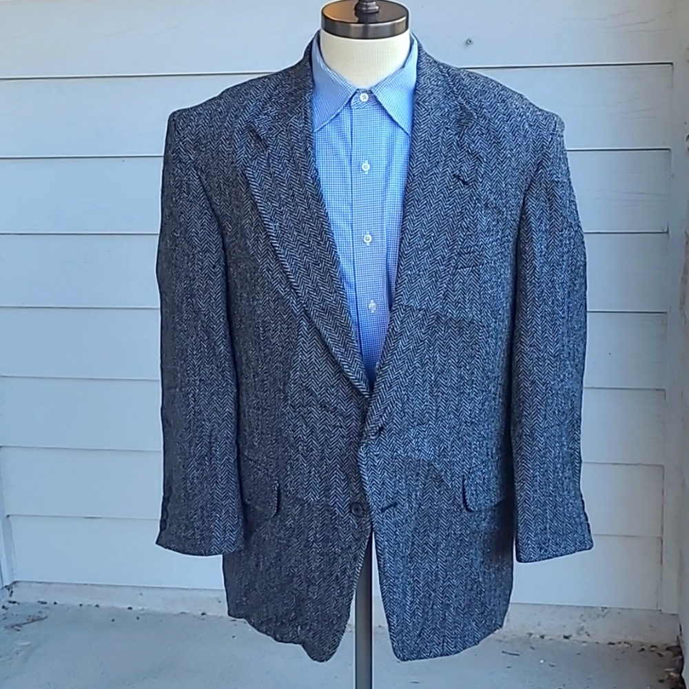 HARRIS TWEED Lands End‎ Tweed Wool Grey Herringbone Sz 46 R Mens Sport Coat